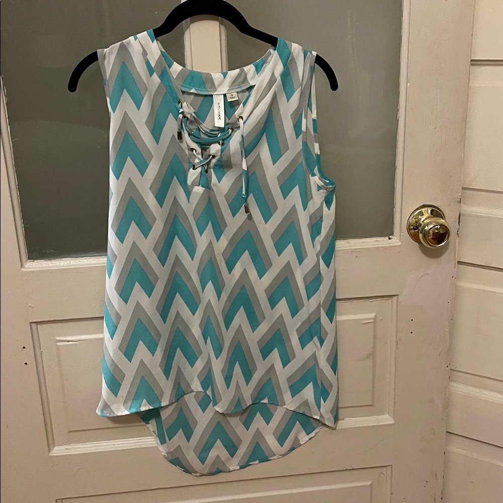 Tacera Teal, Cream & Gray Geometric Drawstring Top